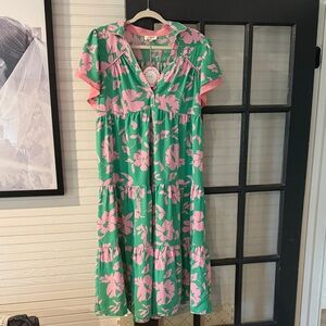 Umgee Floral Green and Pink Midi Dress- NWT